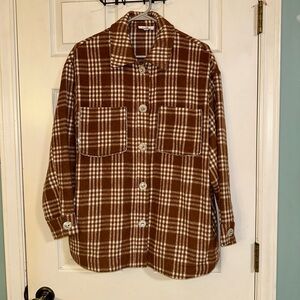 Plaid Chestnut And White With Rhinestones & Crystal Buttons Shacket/Jacket